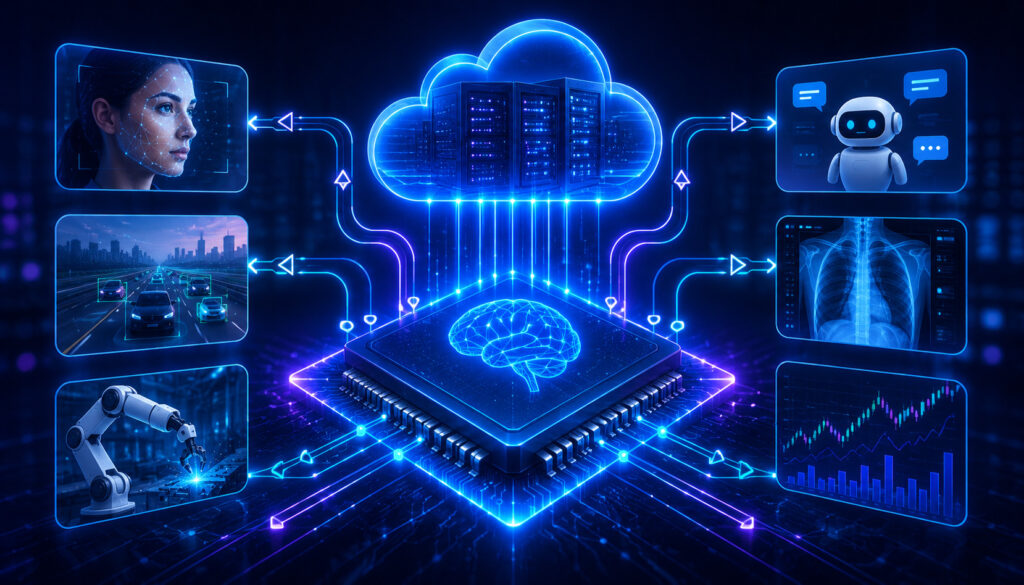 AI cloud hosting illustration for real-time inference applications with automation and analytics icons