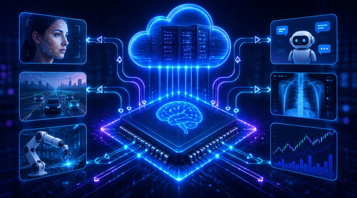 AI cloud hosting illustration for real-time inference applications with automation and analytics icons