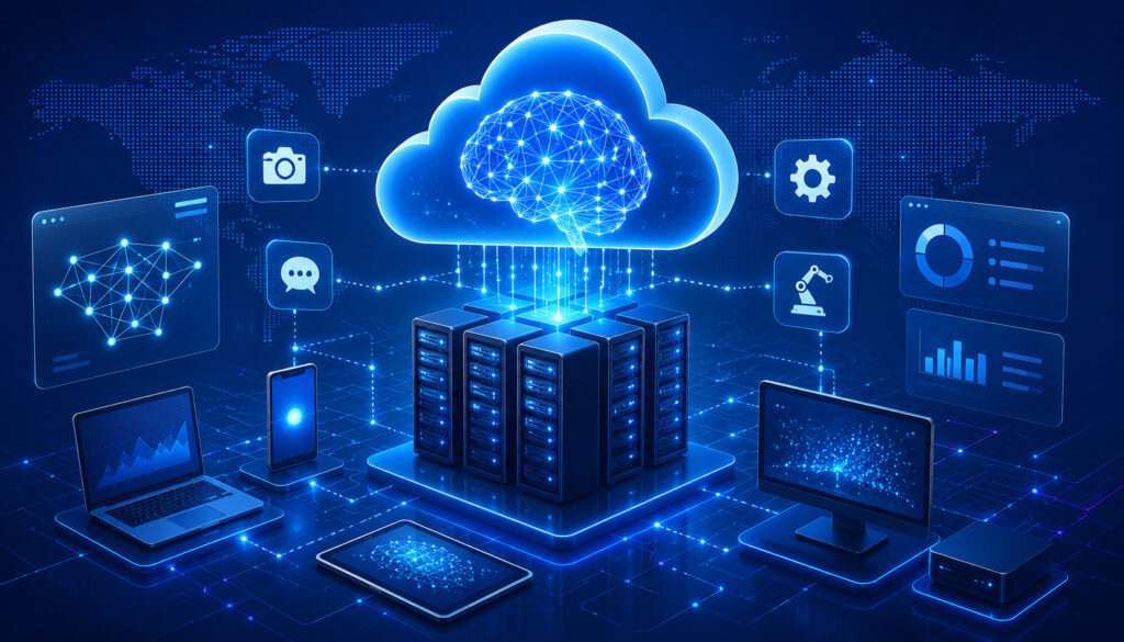 AI cloud hosting infrastructure with connected servers and neural network