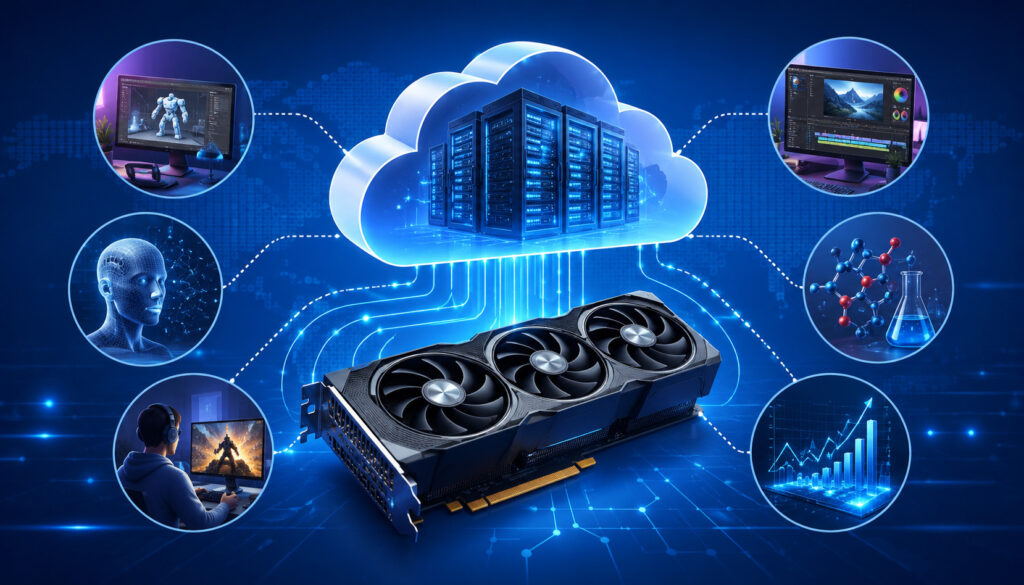 GPU cloud computing illustration with AI, gaming, and data processing icons