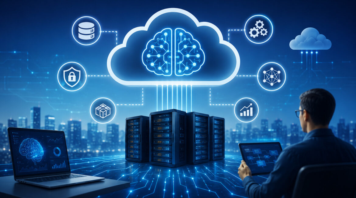 Cloud hosting infrastructure for AI applications with servers, cloud network, and security icons