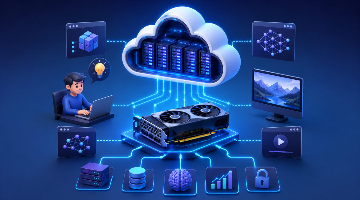 GPU cloud computing illustration with cloud servers and AI processing
