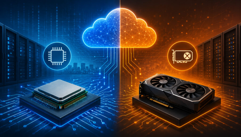CPU vs GPU cloud computing illustration