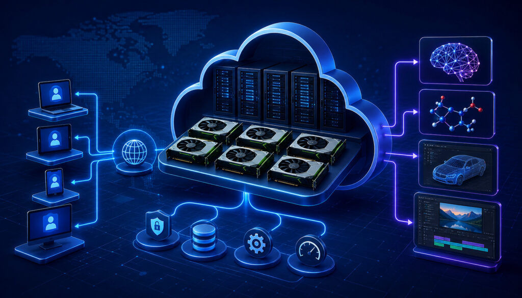 GPU cloud infrastructure illustration with AI servers and connected devices