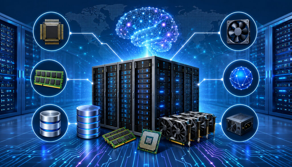 Futuristic AI server infrastructure with data center and network icons