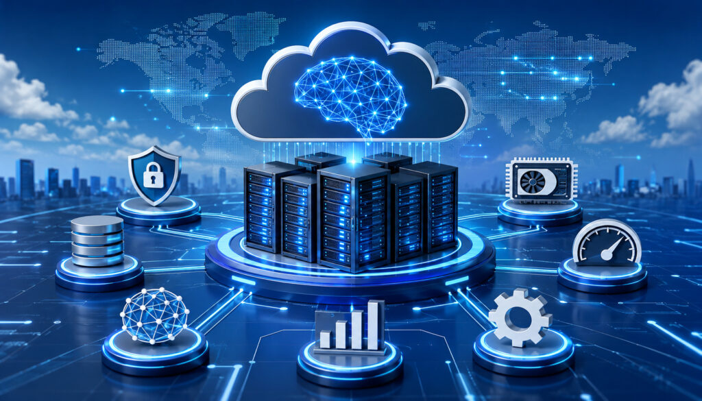 AI cloud hosting infrastructure with servers and tech icons