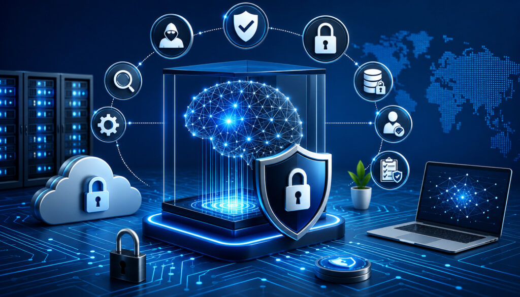 AI inference hosting security illustration with cloud, servers, and cybersecurity icons