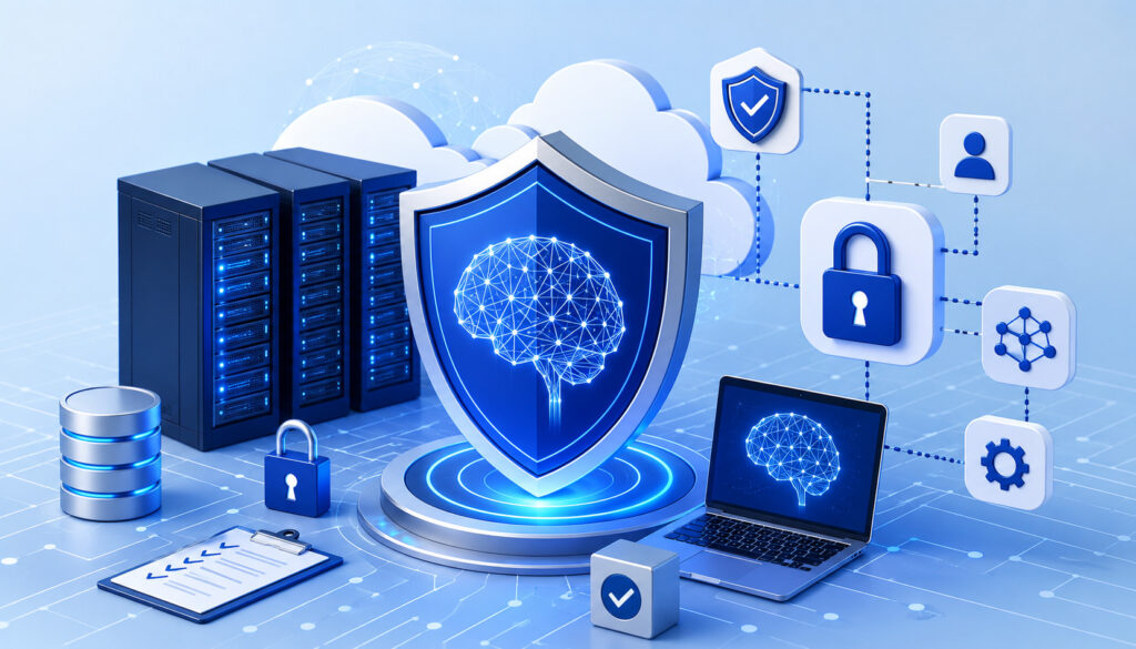 AI security infrastructure with cloud servers and cyber protection icons