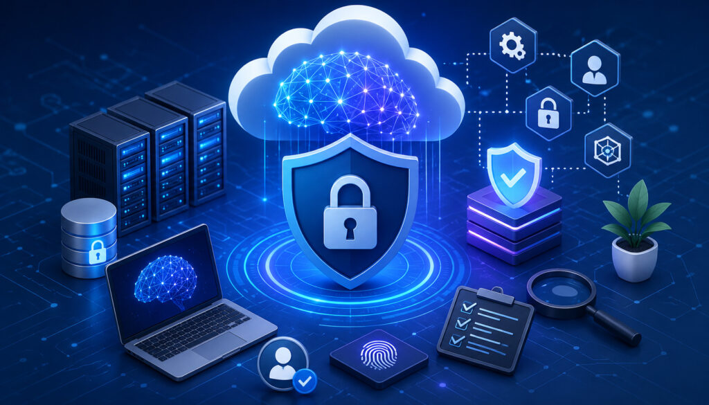Secure AI cloud hosting and cybersecurity illustration