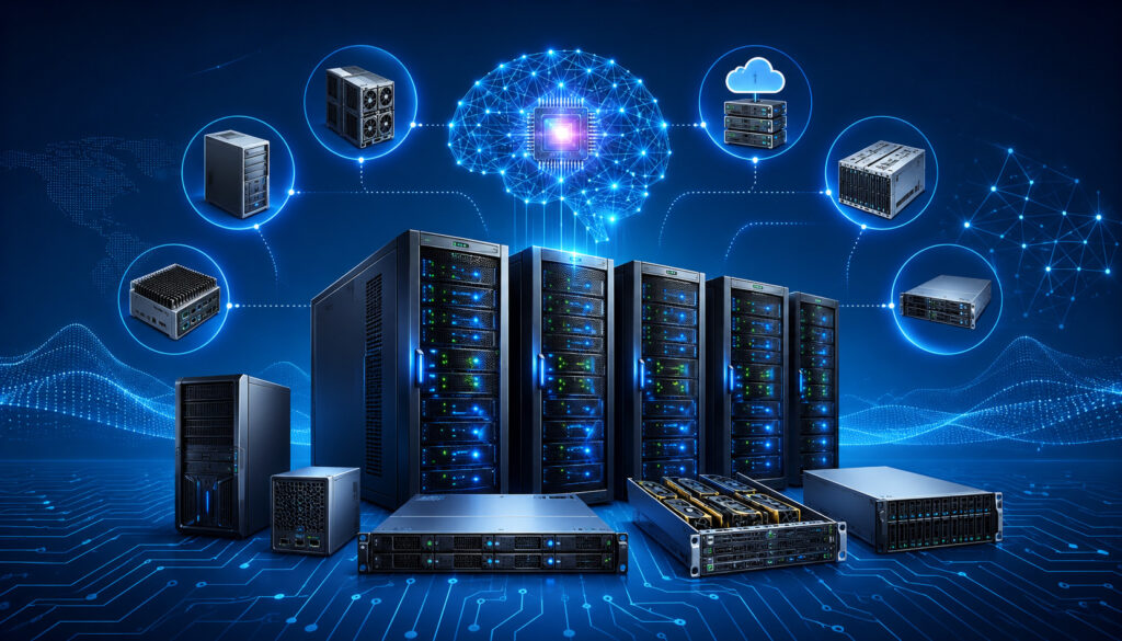 AI server infrastructure with cloud and data center icons