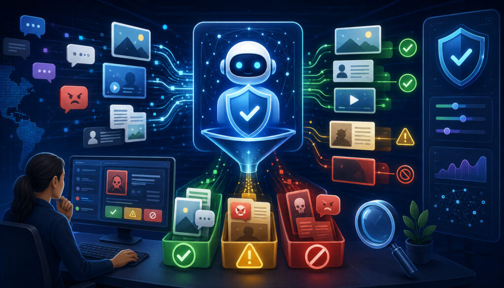 AI content moderation and output filtering system with security icons