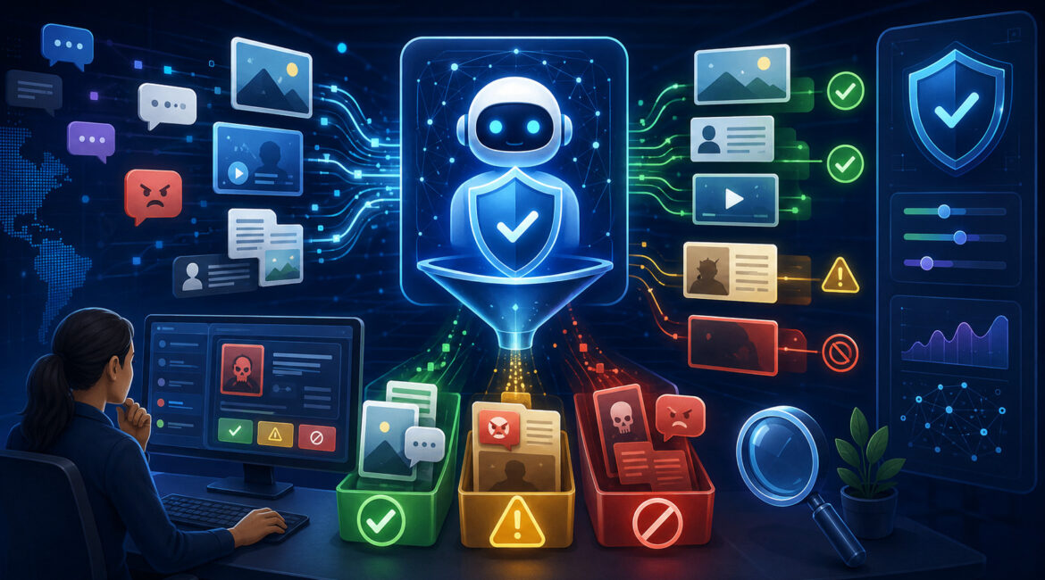 AI content moderation and output filtering system with security icons