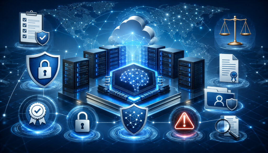 AI hosting compliance regulations and security frameworks illustration