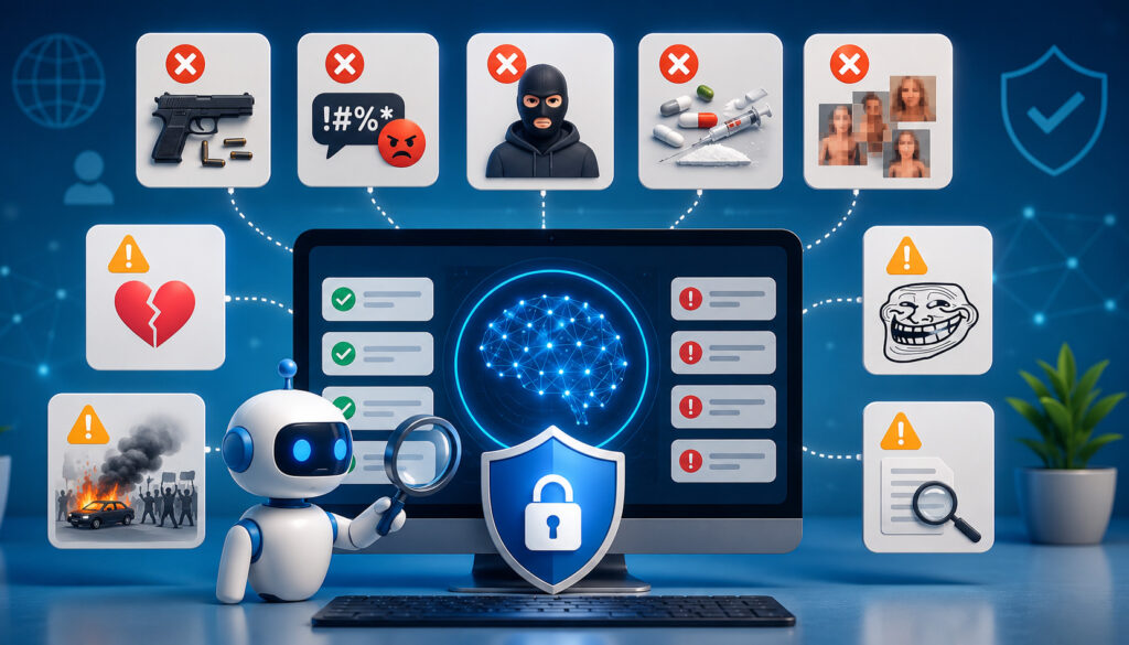 AI moderation tools detecting unsafe content and policy violations