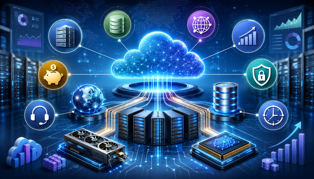 AI hosting pricing factors illustration with cloud servers, GPU, storage, security, and cost icons