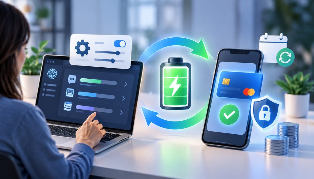 AI credit auto-recharge controls with secure payment authorization icons