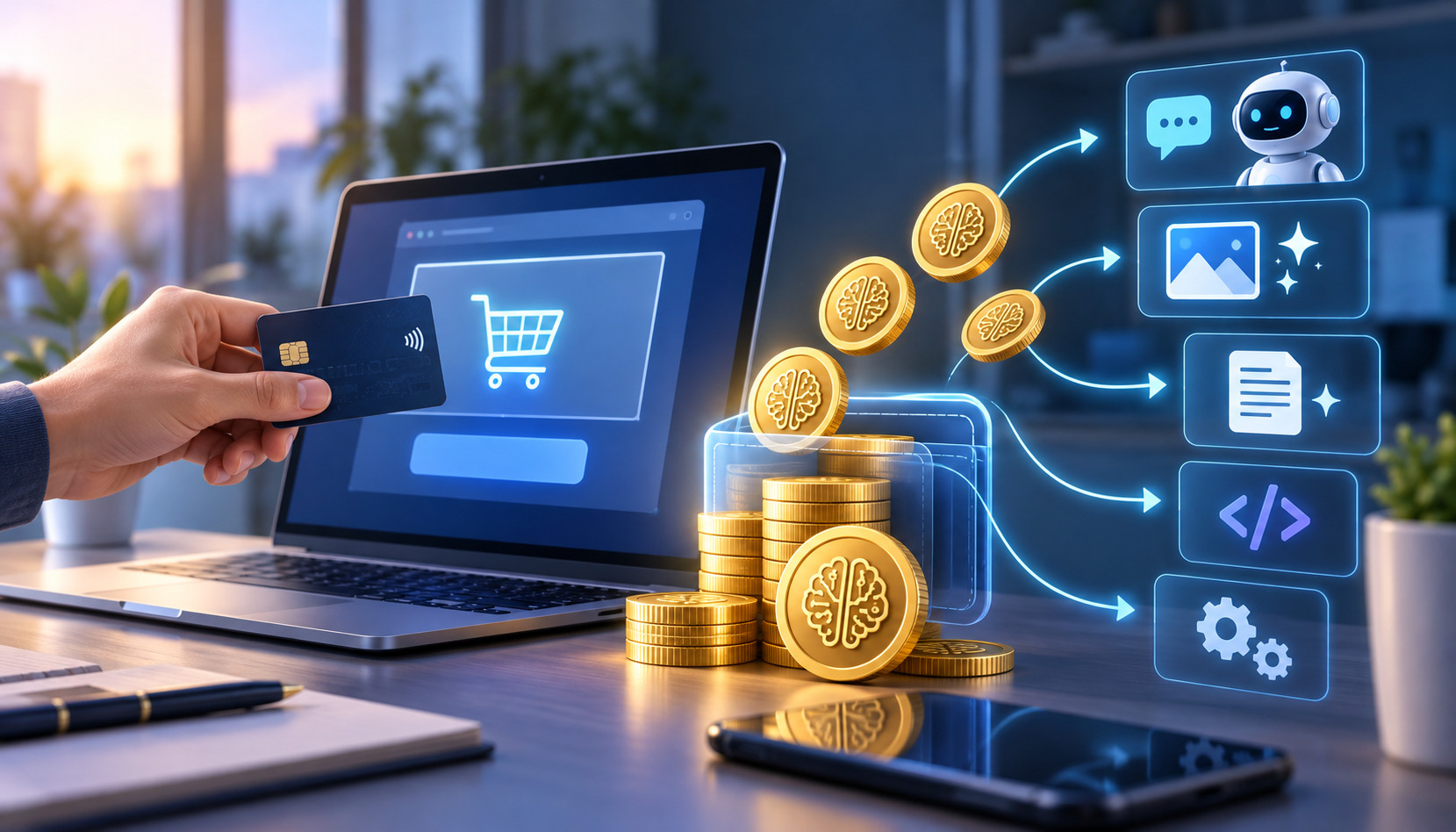 Prepaid AI credits billing with a digital wallet, payment card, and AI service icons